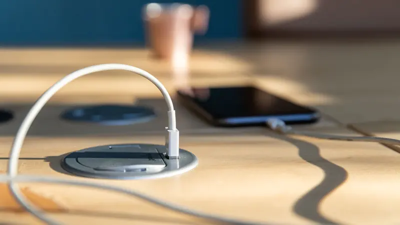 Prise intégrée à la table pour recharger ordinateur et téléphone